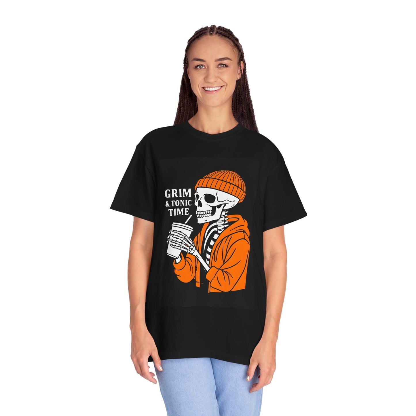 Grim A Tonic Time Skeleton Black T-Shirt, Unisex Graphic Tee, Halloween Apparel, Casual Style, Perfect for Spooky Season, Gift for Horror Fans