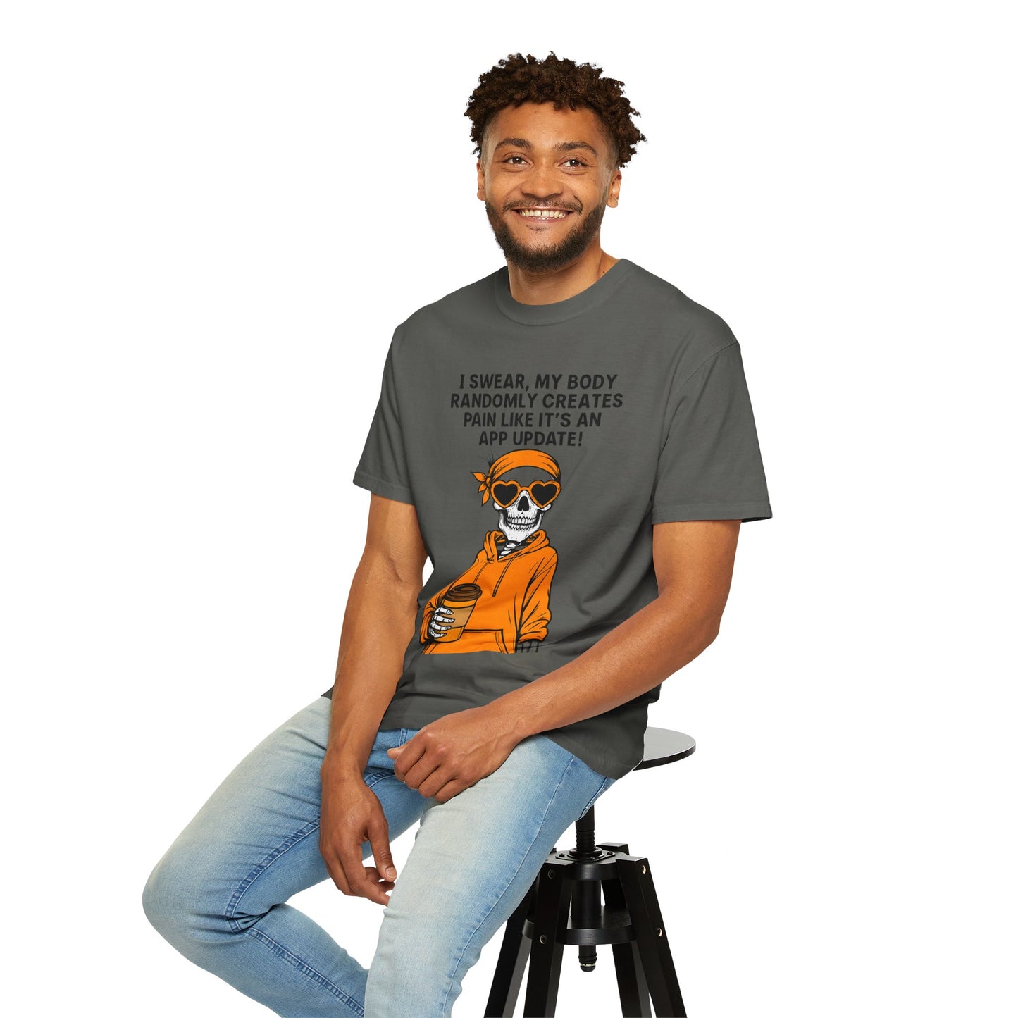 Funny Skeleton T-Shirt, Unisex Humor Tee, Gift for Tech Lovers, App Update Joke Shirt, Casual Wear