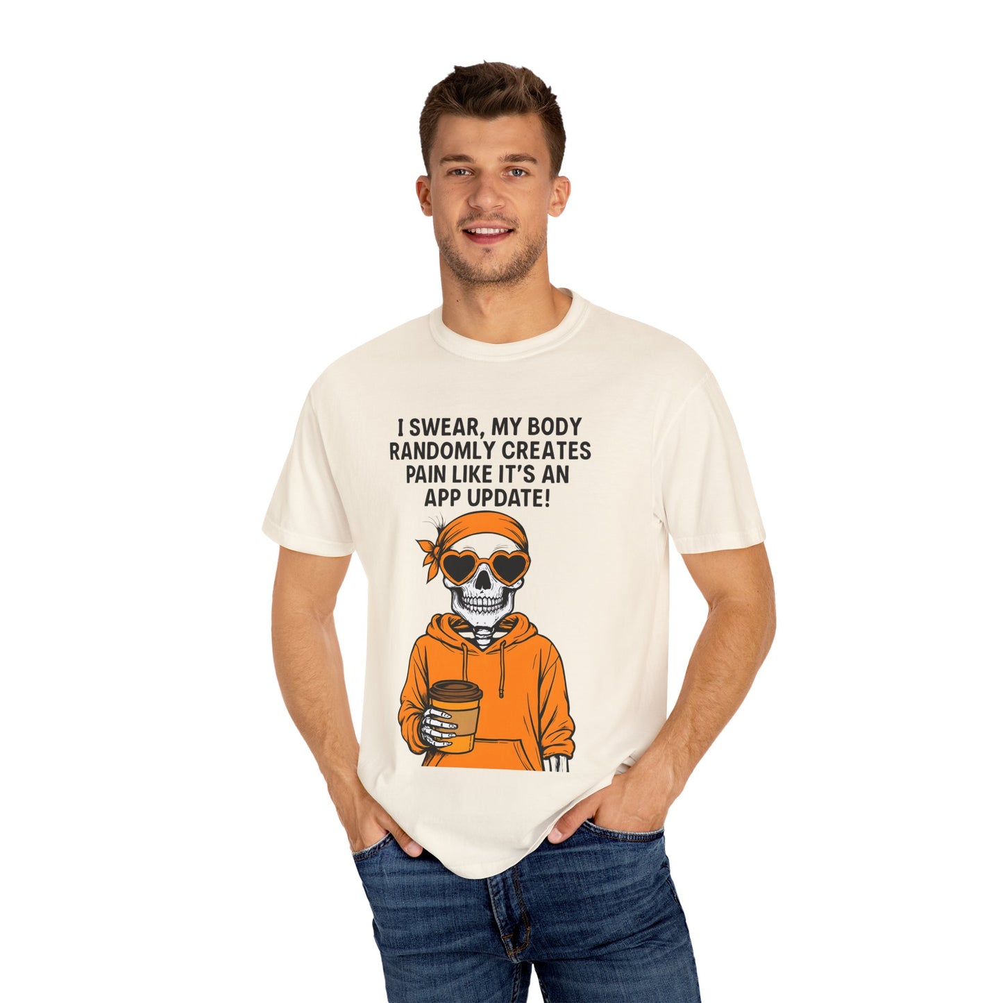 Funny Skeleton T-Shirt, Unisex Humor Tee, Gift for Tech Lovers, App Update Joke Shirt, Casual Wear
