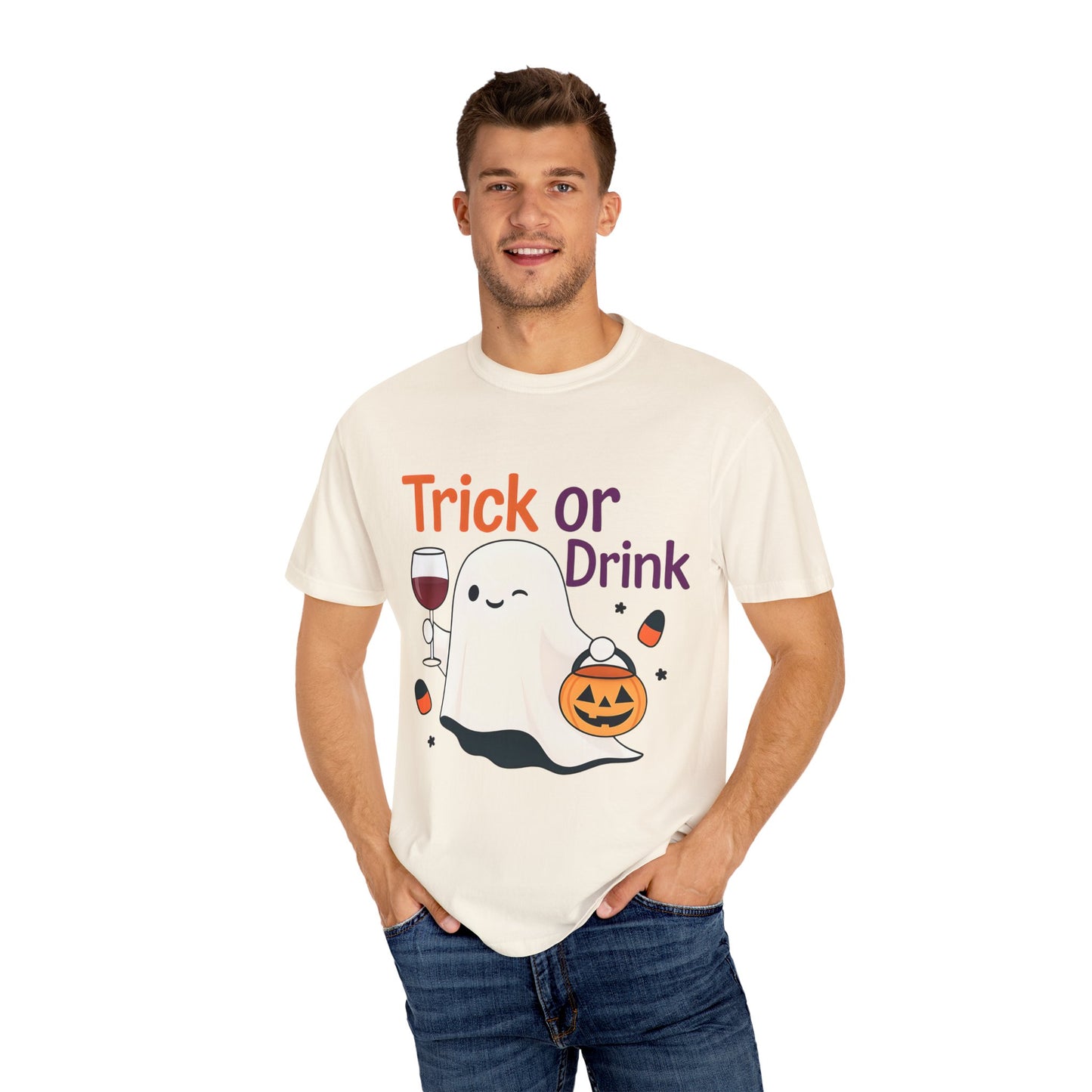 Halloween Ghost T-Shirt, Trick or Drink, Unisex Casual Tee, Fall Apparel, Spooky Party Shirt, Autumn Outfit