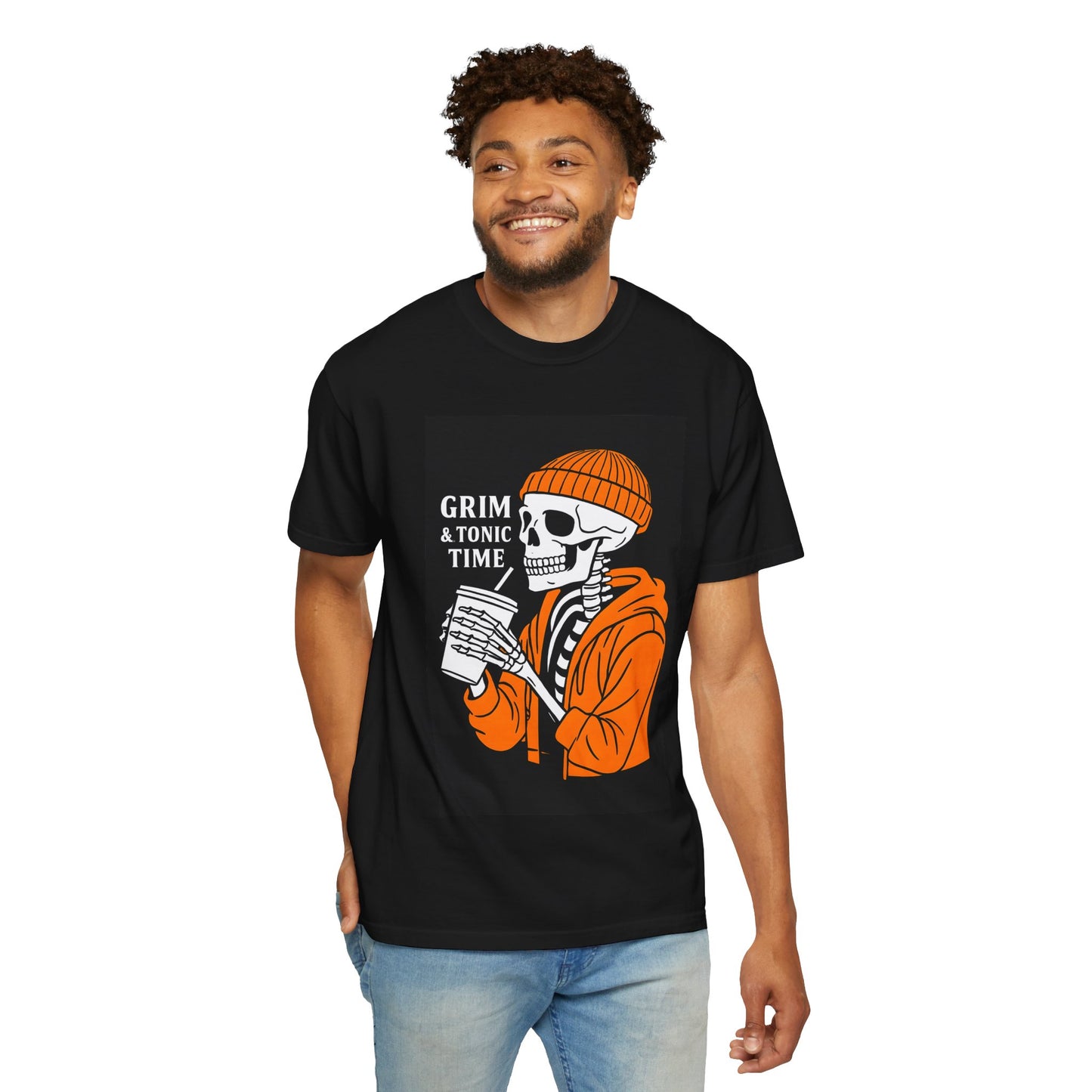 Grim A Tonic Time Skeleton Black T-Shirt, Unisex Graphic Tee, Halloween Apparel, Casual Style, Perfect for Spooky Season, Gift for Horror Fans