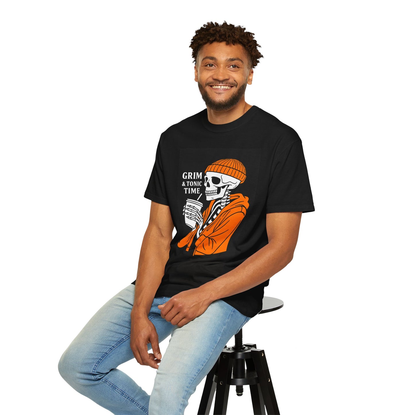 Grim A Tonic Time Skeleton Black T-Shirt, Unisex Graphic Tee, Halloween Apparel, Casual Style, Perfect for Spooky Season, Gift for Horror Fans