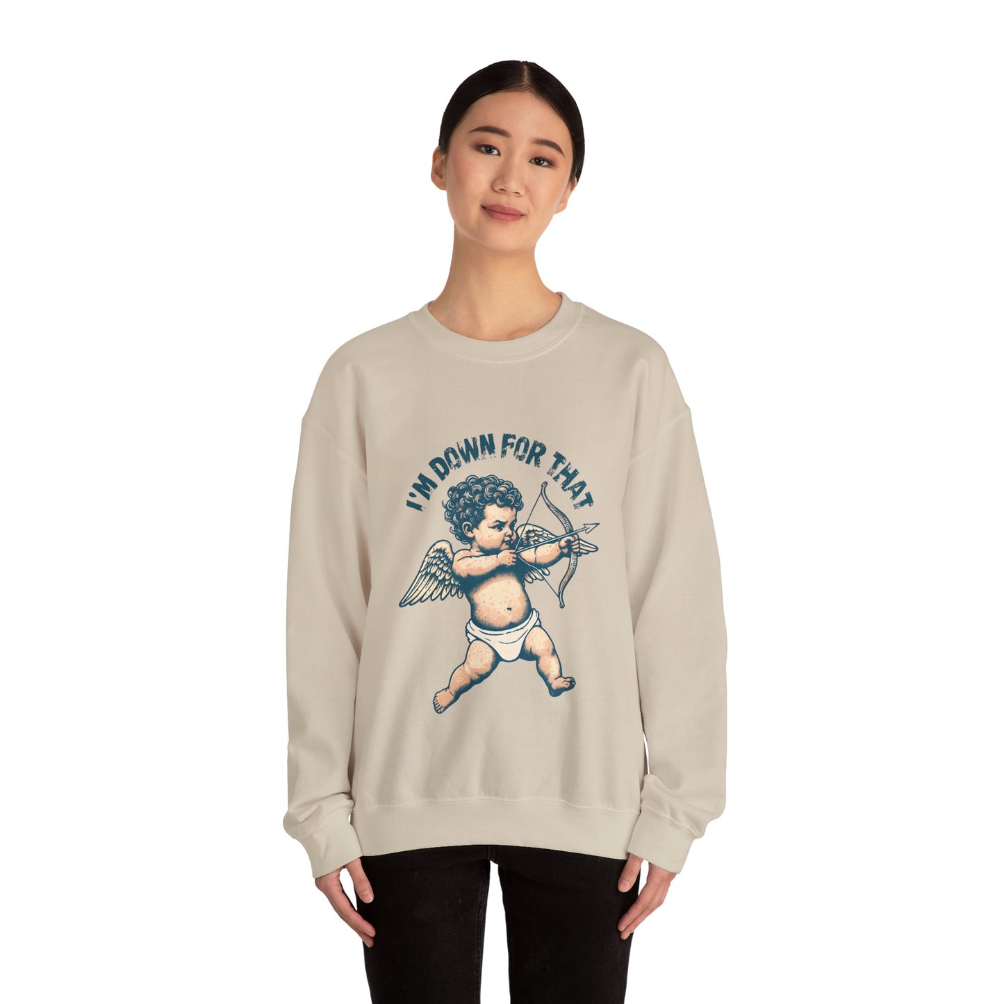 Unisex Sweatshirt, Valentines Day Cupid, I'm Down For That, Cupid Graphic, Cute Valentines Gift, Love Day Crewneck, Valentines Sweatshirt