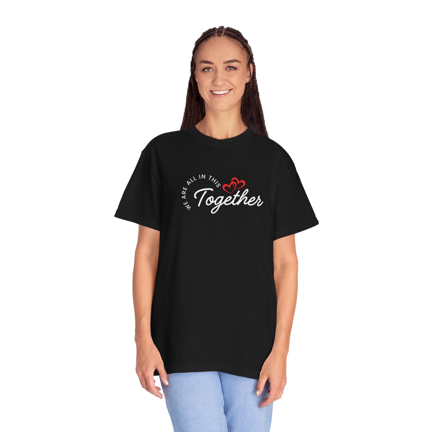 Unisex ONE Together Heart T-Shirt — "We Are All In This Together" Front Text, Australian Flag One Back Design