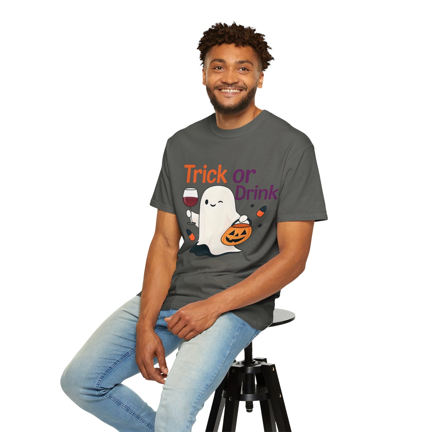 Halloween Ghost T-Shirt, Trick or Drink, Unisex Casual Tee, Fall Apparel, Spooky Party Shirt, Autumn Outfit