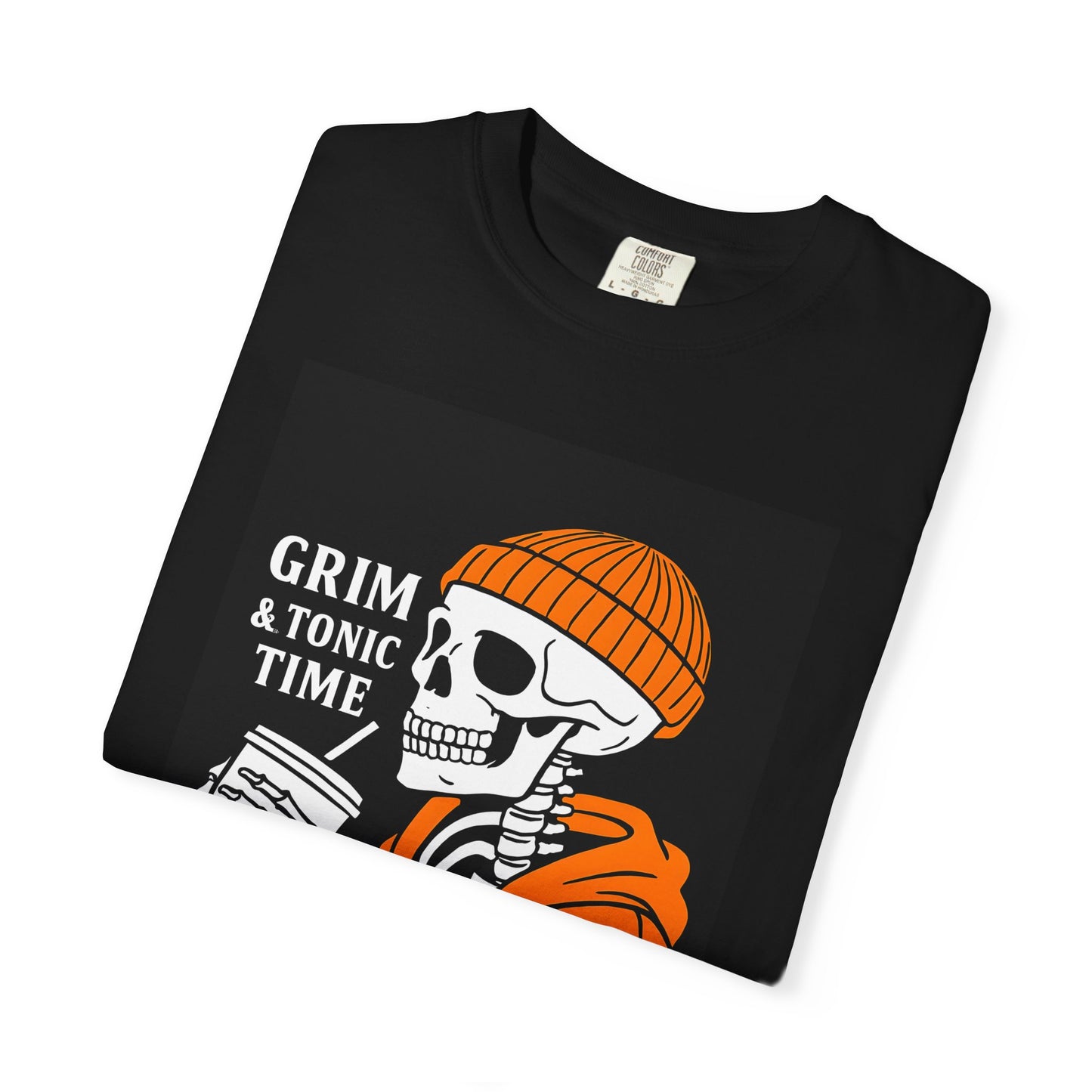 Grim A Tonic Time Skeleton Black T-Shirt, Unisex Graphic Tee, Halloween Apparel, Casual Style, Perfect for Spooky Season, Gift for Horror Fans