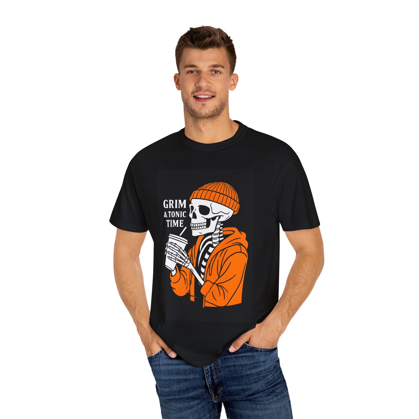 Grim A Tonic Time Skeleton Black T-Shirt, Unisex Graphic Tee, Halloween Apparel, Casual Style, Perfect for Spooky Season, Gift for Horror Fans