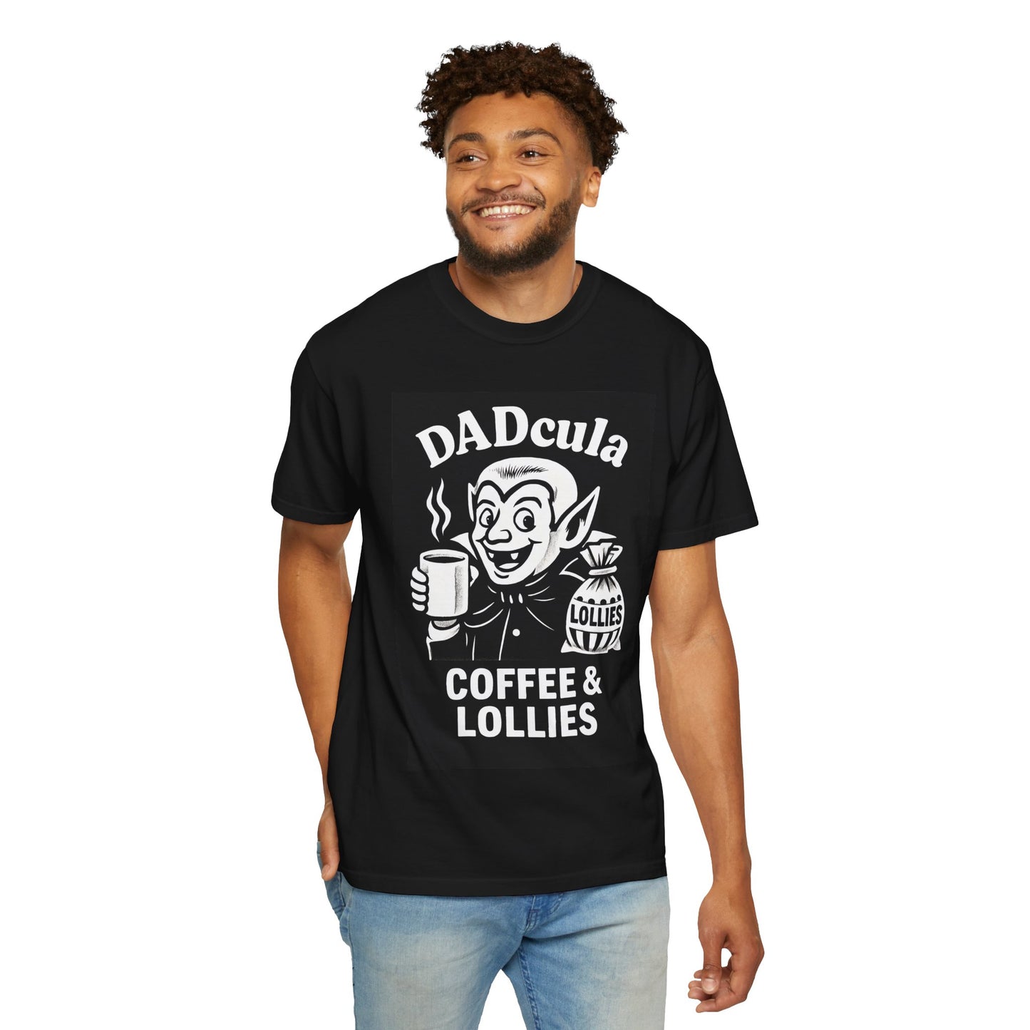 DADcula Coffee & Lollies T-Shirt - Funny Halloween Gift, Unisex Tee, Great for Dads, Coffee Lovers, Spooky Season
