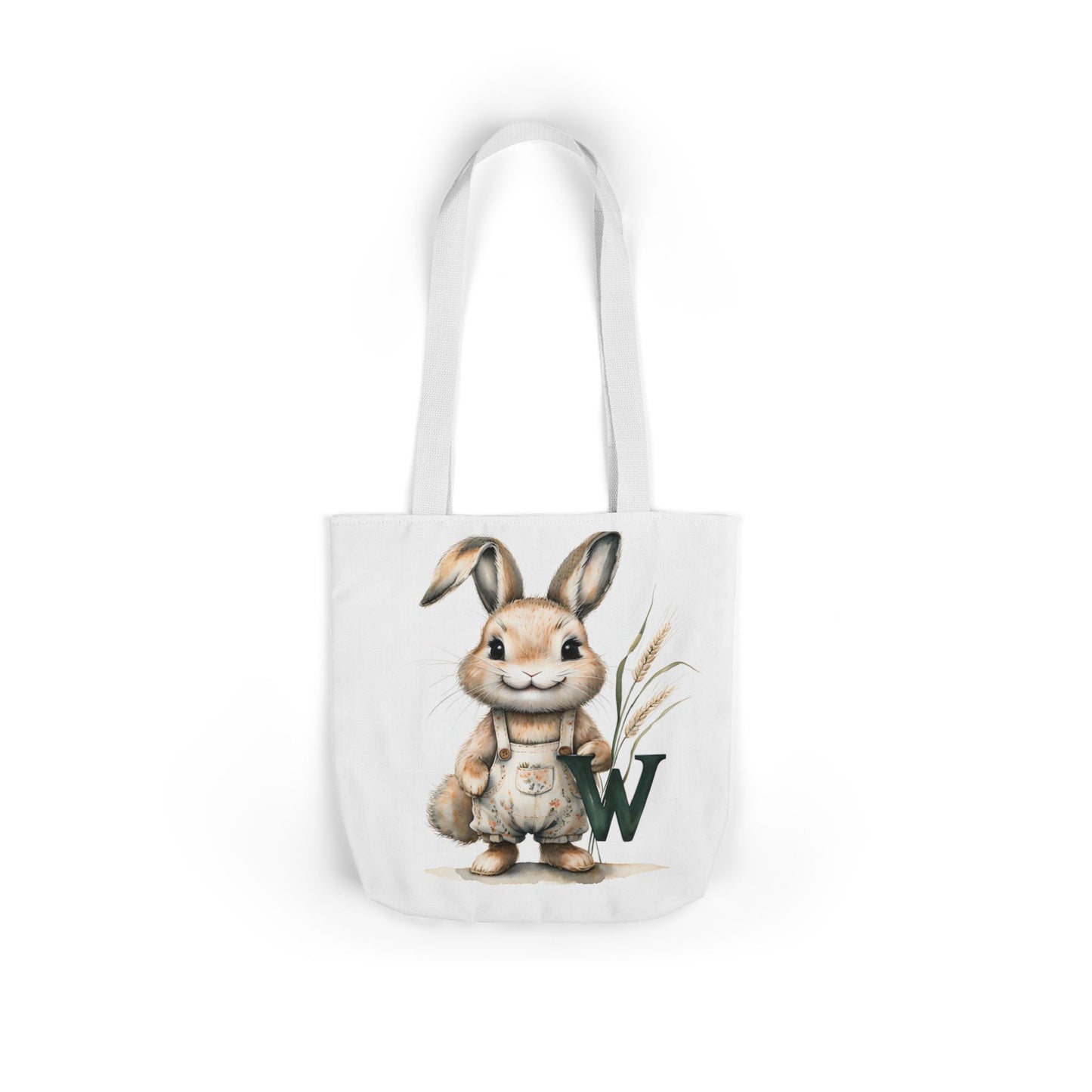 Whimsical Letter W Bunny Canvas Tote Bag with 5-Color Straps, Cute Farm Animal Bag, Eco-Friendly Shopping Tote, Easter Gift, Kids/Adult Tote