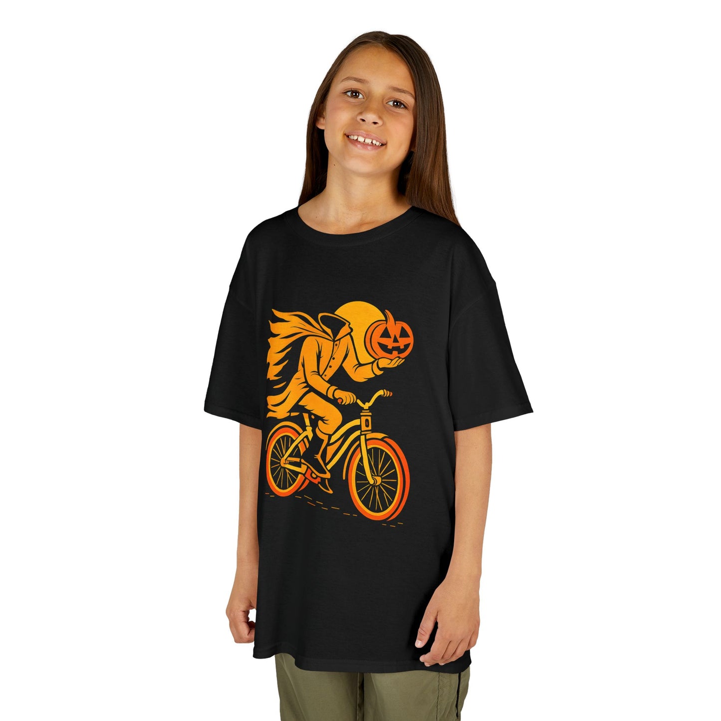 Halloween Lost my Head Pumpkin Bike Kids Tee, Spooky T-Shirt, Kids Autumn Apparel, Trick or Treat Outfit, Fall Festival Top, Ghostly Cycling Design