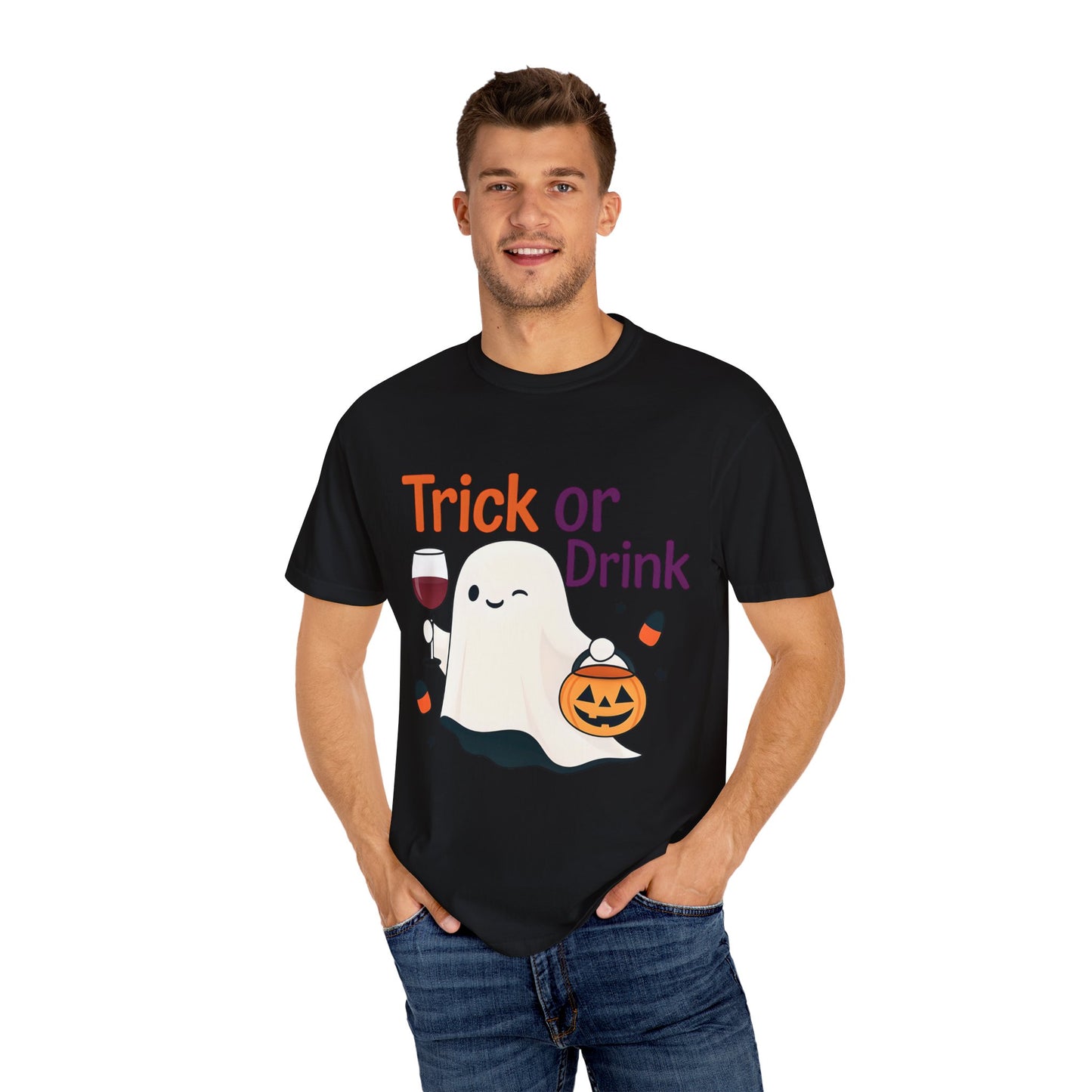 Halloween Ghost T-Shirt, Trick or Drink, Unisex Casual Tee, Fall Apparel, Spooky Party Shirt, Autumn Outfit