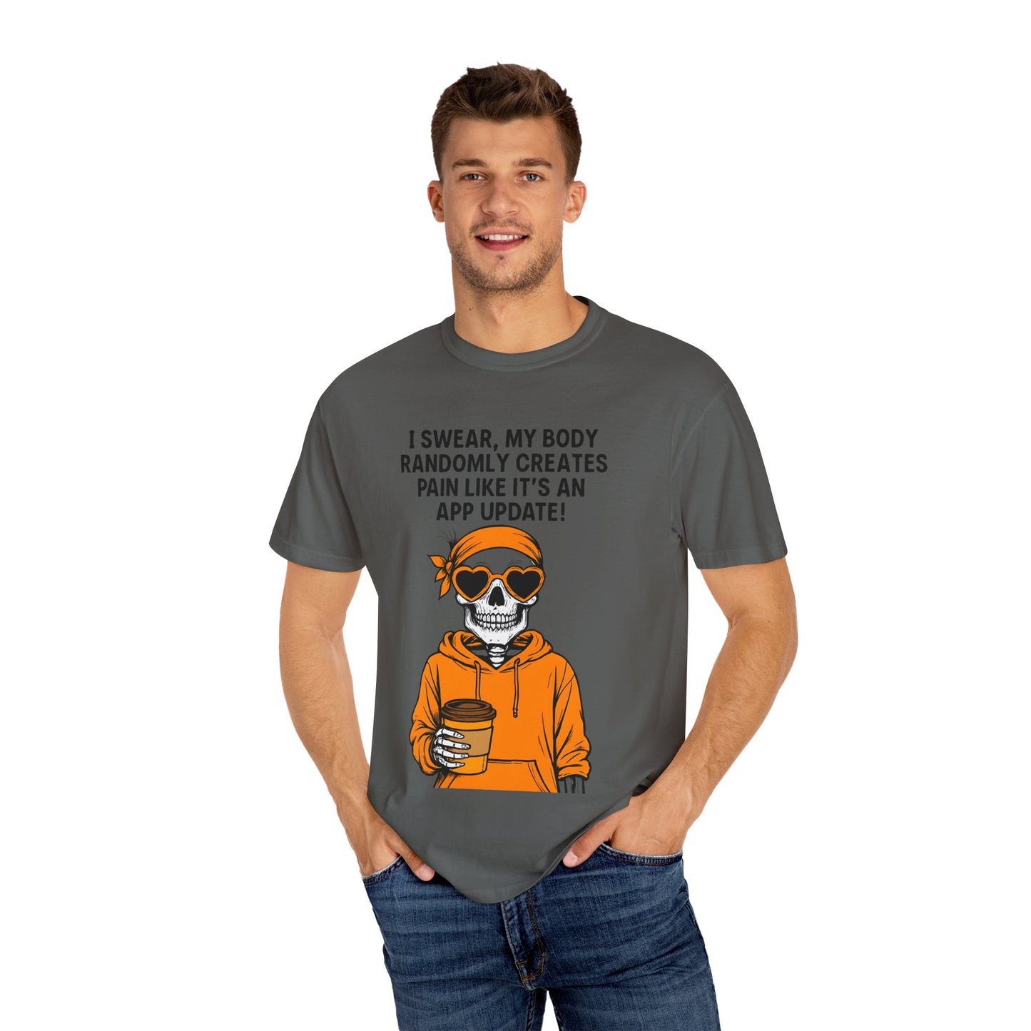 Funny Skeleton T-Shirt, Unisex Humor Tee, Gift for Tech Lovers, App Update Joke Shirt, Casual Wear