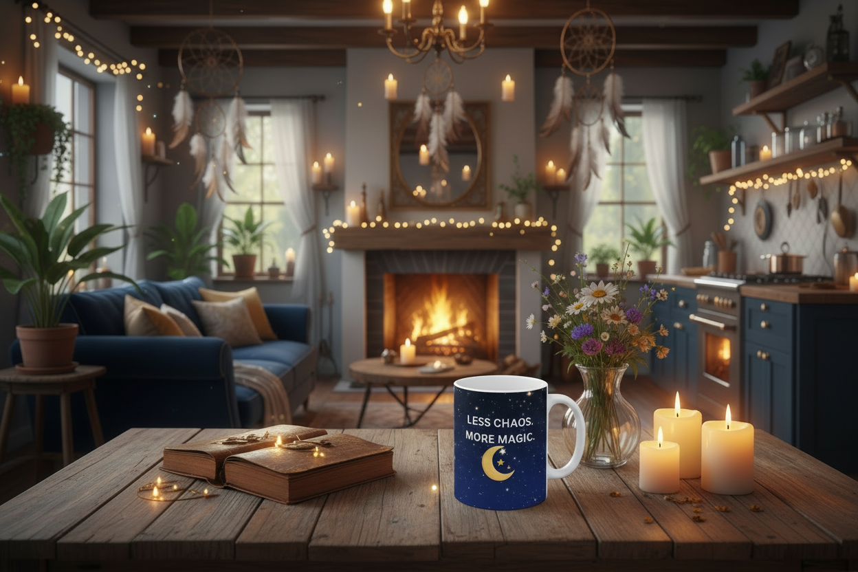 Ceramic Mug — "Less Chaos, More Magic" Night Sky Moon Coffee Cup (11oz & 15oz)