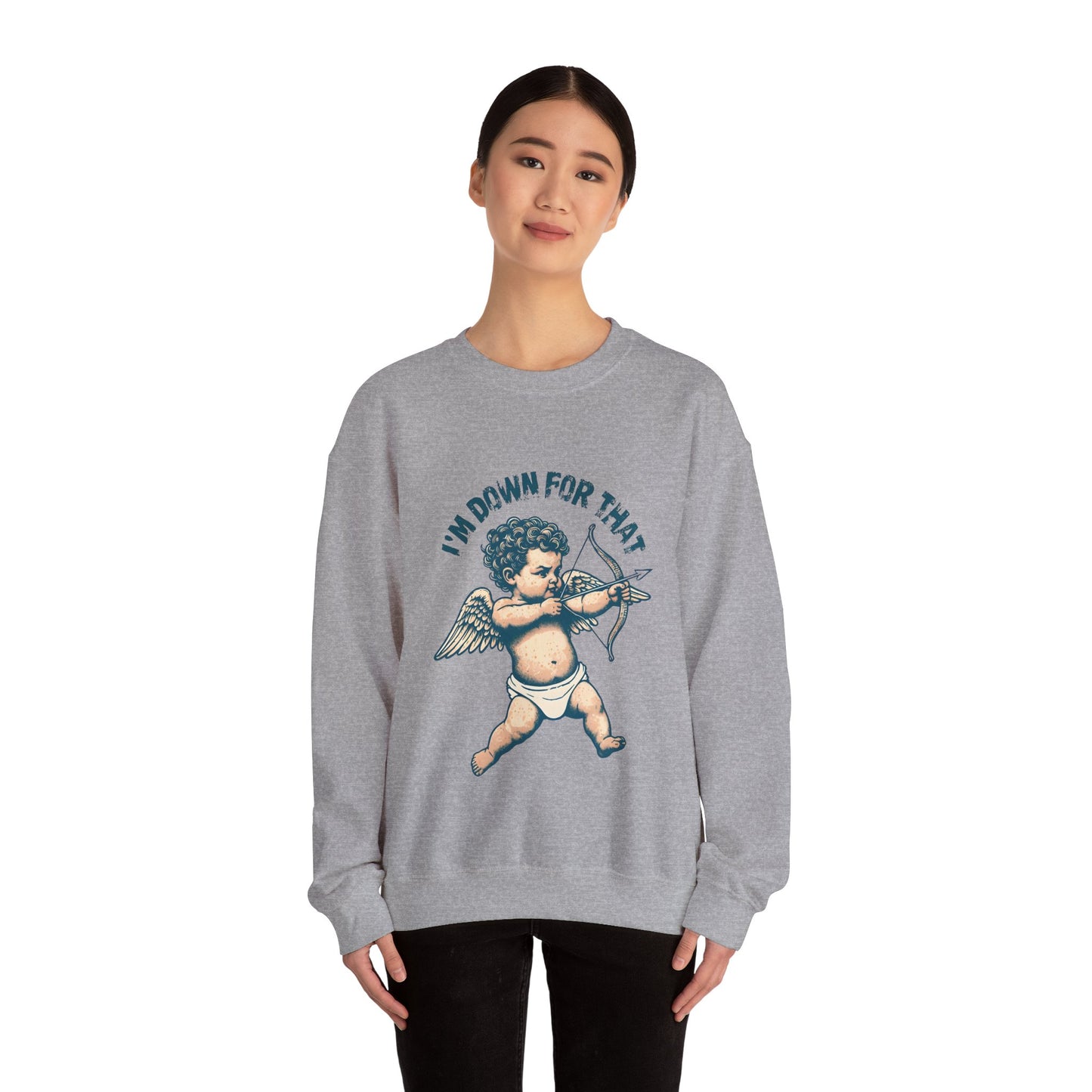 Unisex Sweatshirt, Valentines Day Cupid, I'm Down For That, Cupid Graphic, Cute Valentines Gift, Love Day Crewneck, Valentines Sweatshirt