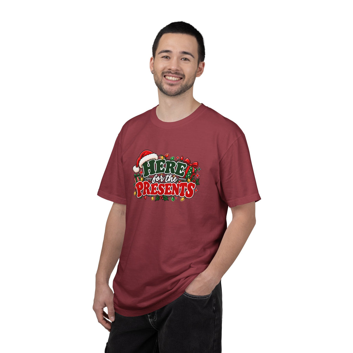Burgundy crewneck Christmas t-shirt with 'Here for the Presents' front graphic
