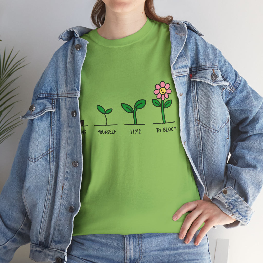 Green short-sleeve T-shirt on model with sprout and flower growth graphic