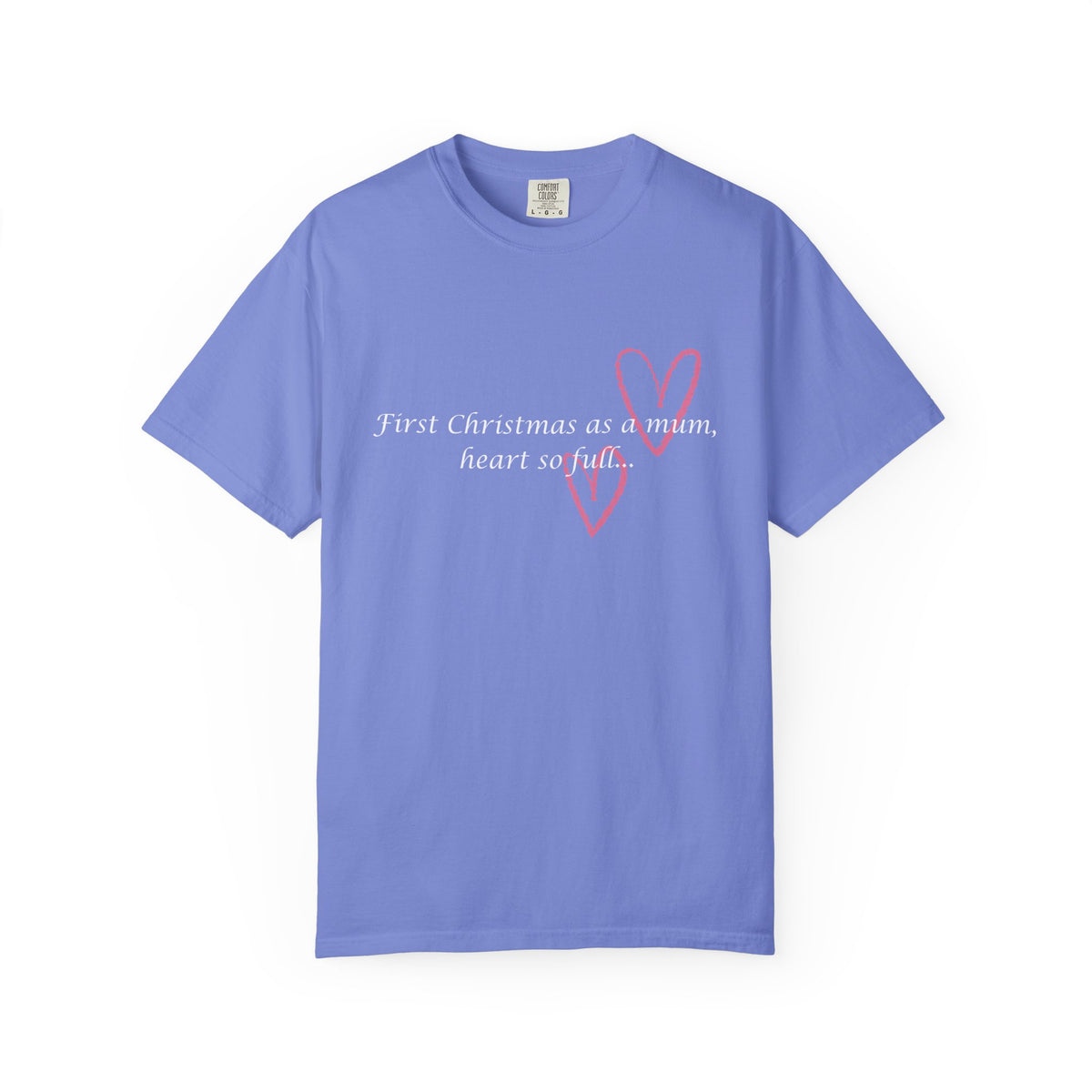 Light blue Mum Christmas heart T-shirt with pink heart and script text on center chest