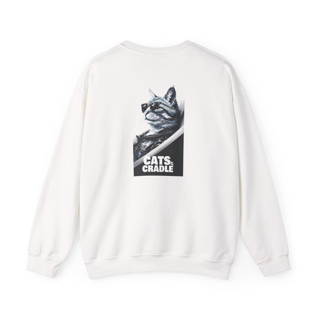 White crewneck sweatshirt with cat graphic centered on back