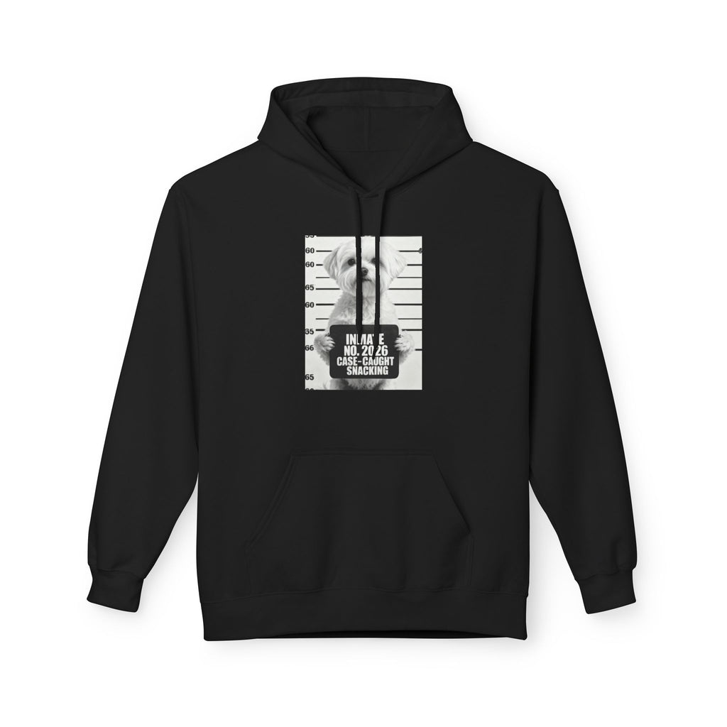 Black pullover hoodie with drawstring hood and front pocket, dog mugshot snack print
