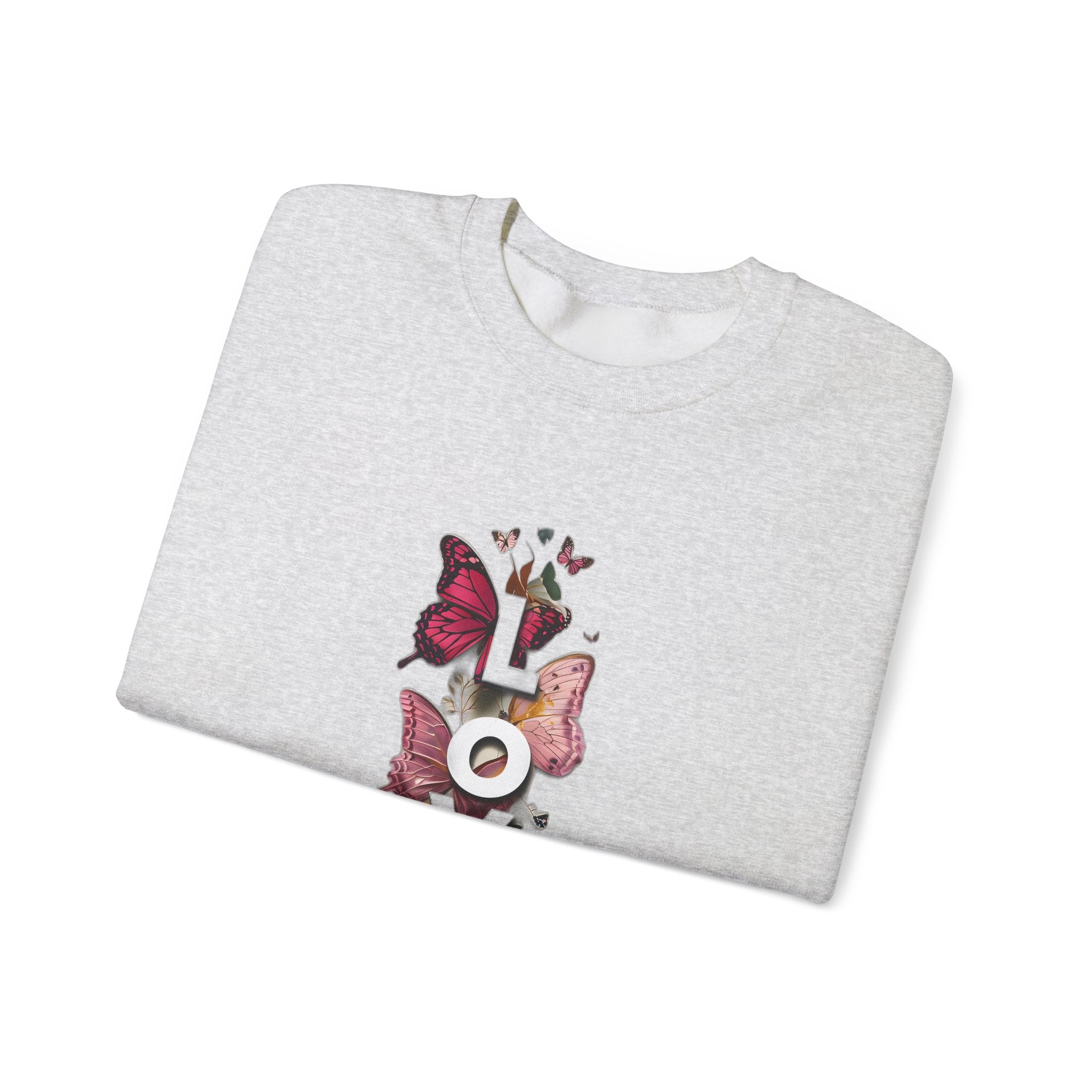 Ash gray sweatshirt folded with long sleeves and LOVE word butterfly graphic