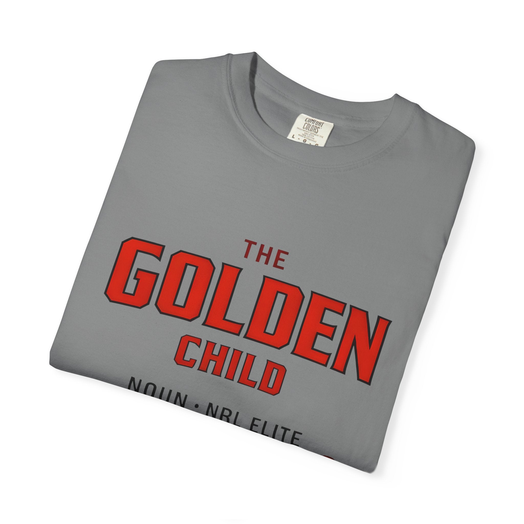 Dark grey t-shirt with "THE GOLDEN CHILD" headline and red outline logo graphic