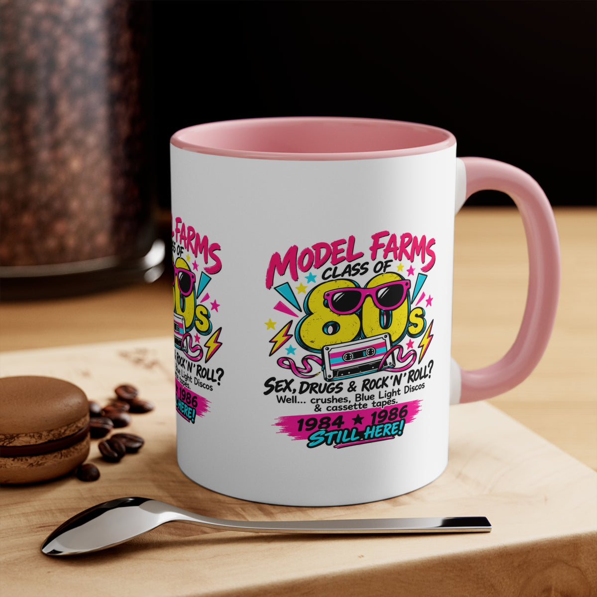 Pink interior ceramic coffee mug with colorful retro farm-and-cassette graphic