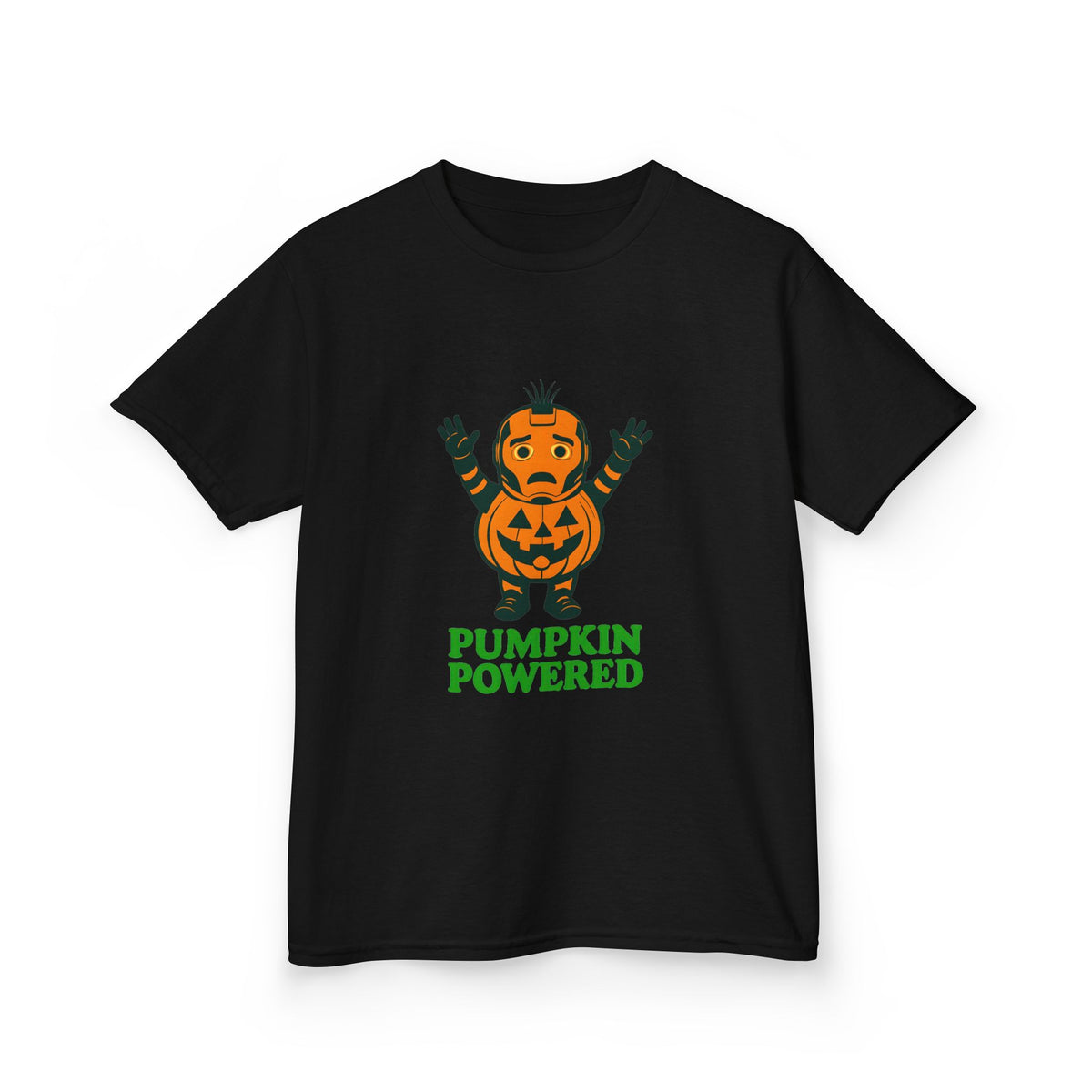 Kids Halloween t-shirt, black front with pumpkin-powered jack-o-lantern graphic