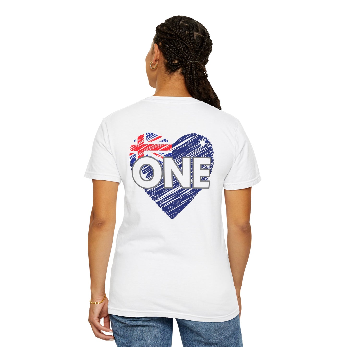 Unisex ONE Together Heart T-Shirt — "We Are All In This Together" Front Text, Australian Flag One Back Design