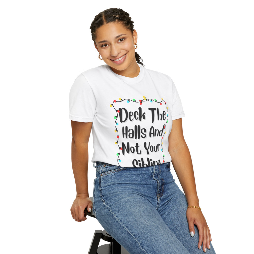 White T-shirt with 'Deck The Halls And Not Your Sibling' light garland graphic