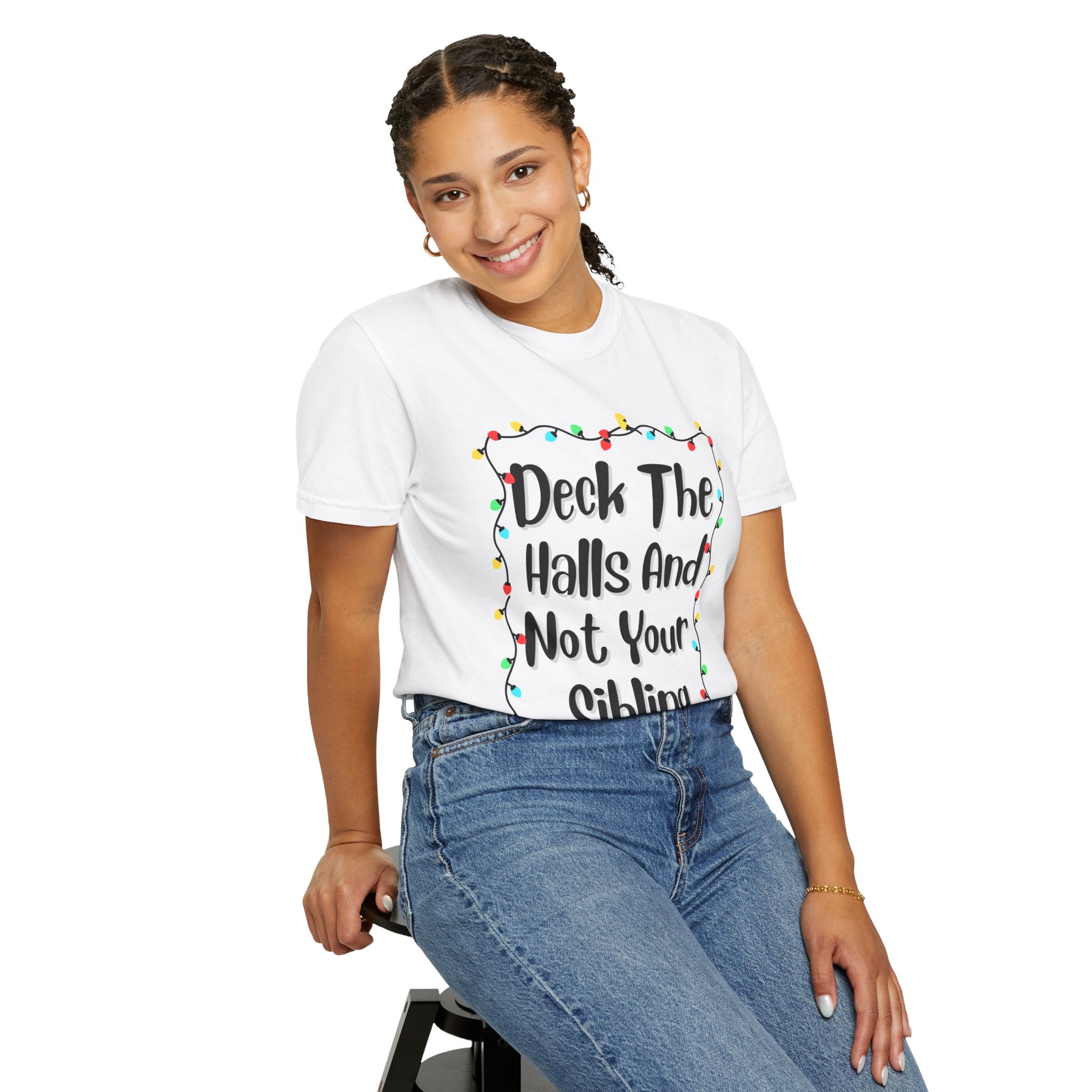 White T-shirt with 'Deck The Halls And Not Your Sibling' light garland graphic