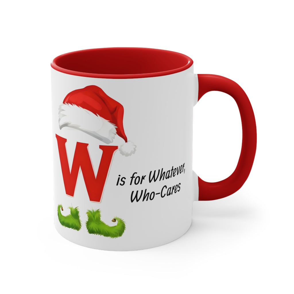White mug with red handle, red W, Santa hat and green mustache graphic