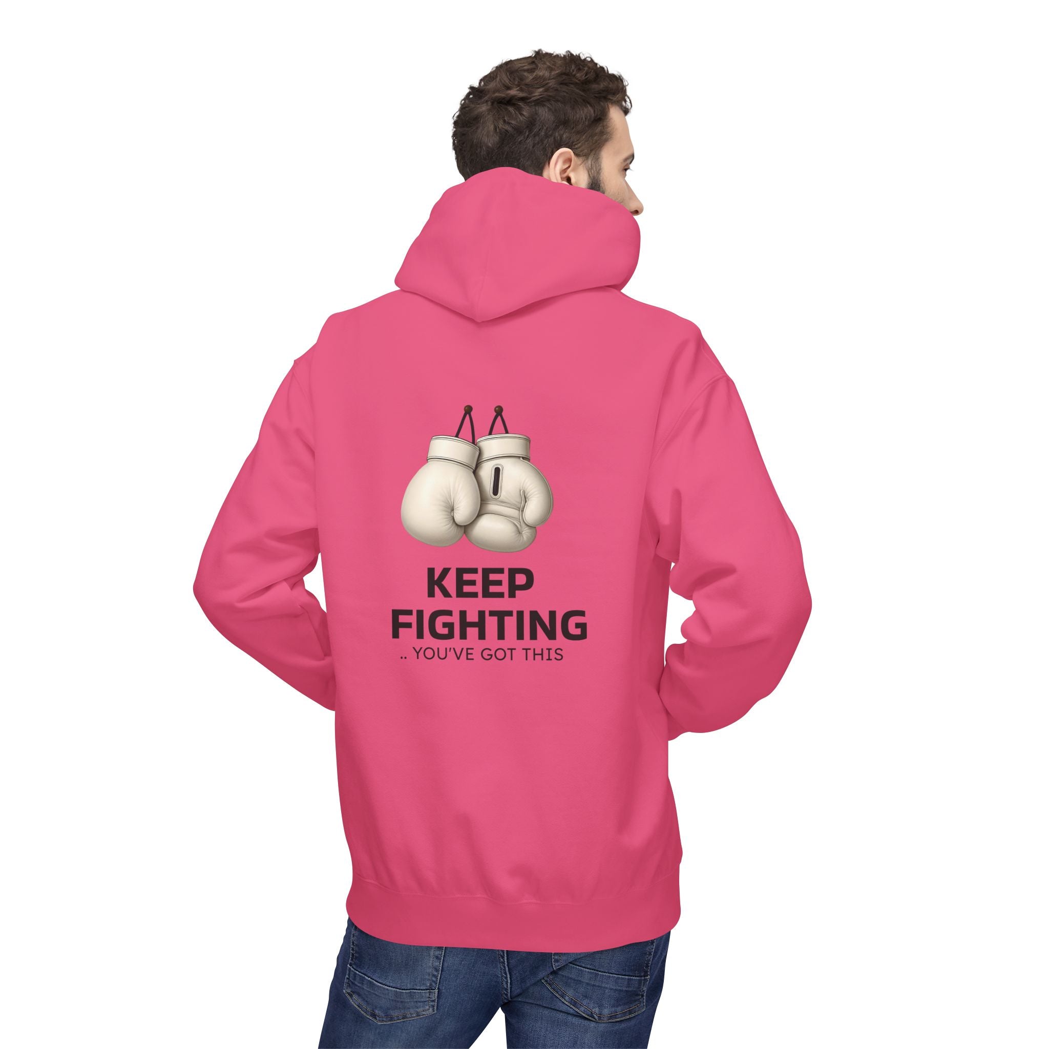 Pink hoodie on model from back, hood and kangaroo pocket with boxing gloves “Keep Fighting”