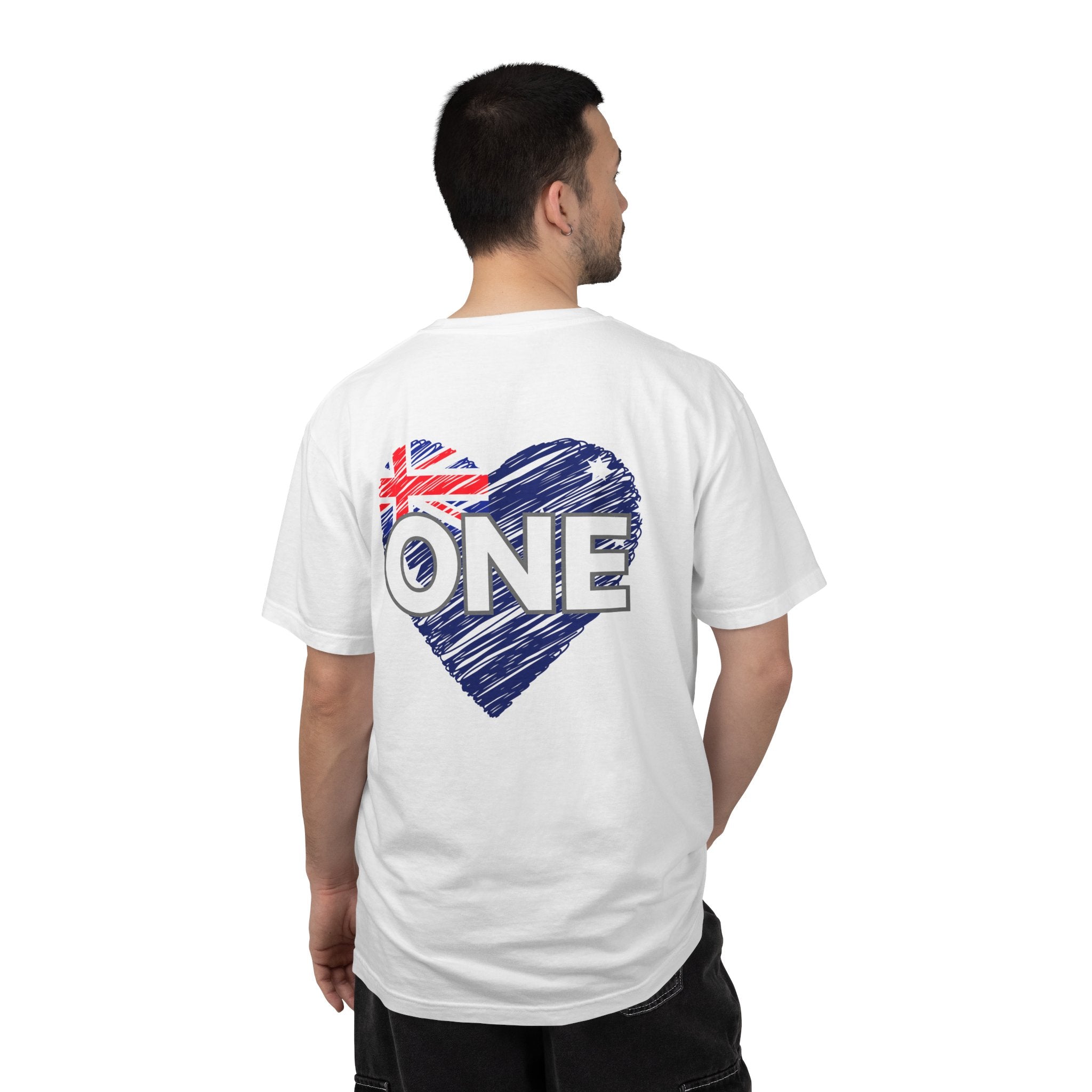 Unisex ONE Together Heart T-Shirt — "We Are All In This Together" Front Text, Australian Flag One Back Design