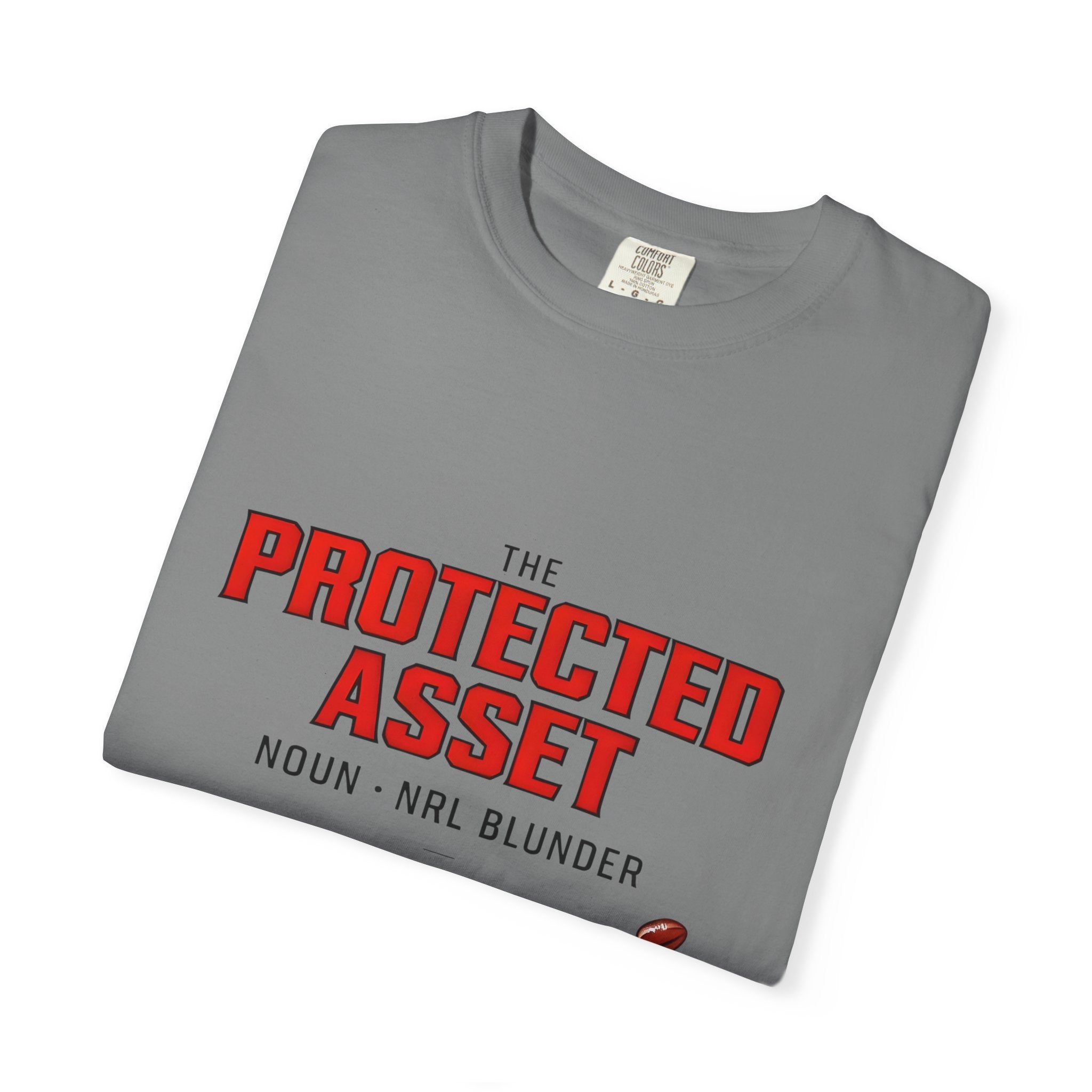 Grey crew-neck T-shirt with red “The Protected Asset” graphic and small text