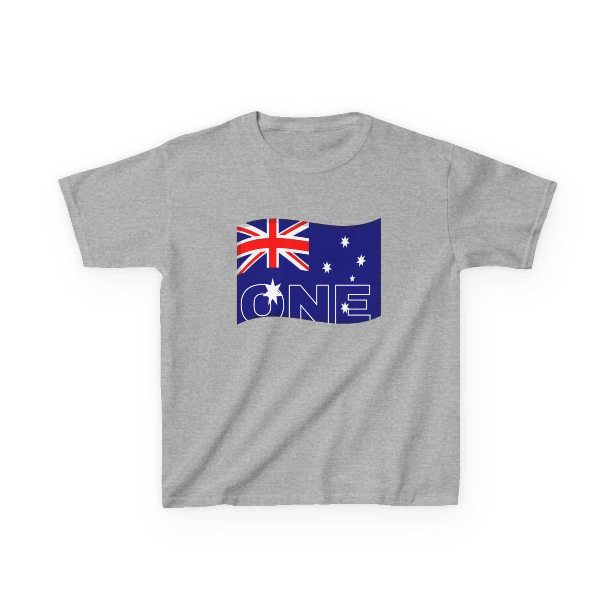Kids sport grey tee with blue Australian flag "ONE" graphic