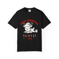 Black Christmas auntie T-shirt with cute reindeer holding a gift, "2025" graphic