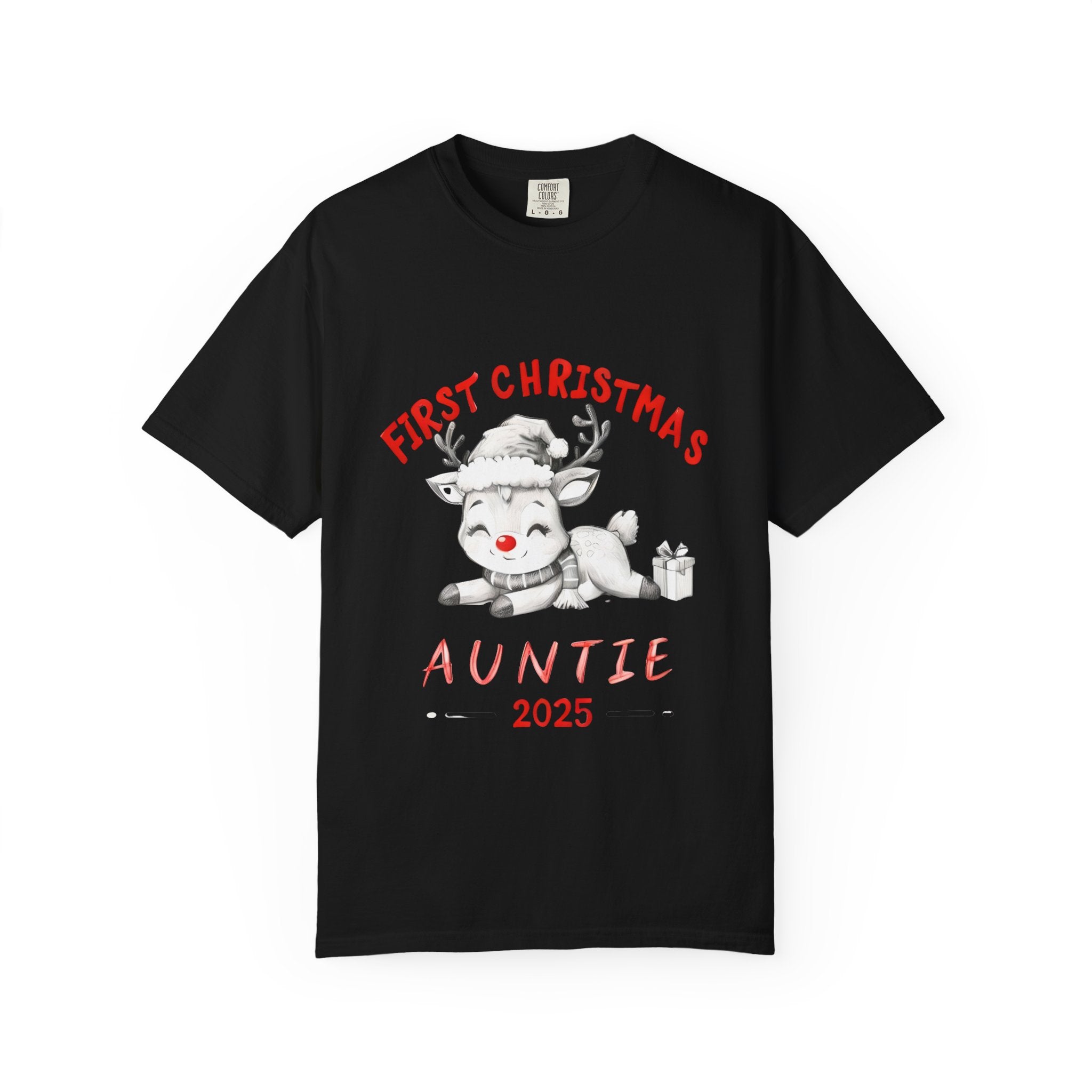 Black Christmas auntie T-shirt with cute reindeer holding a gift, "2025" graphic
