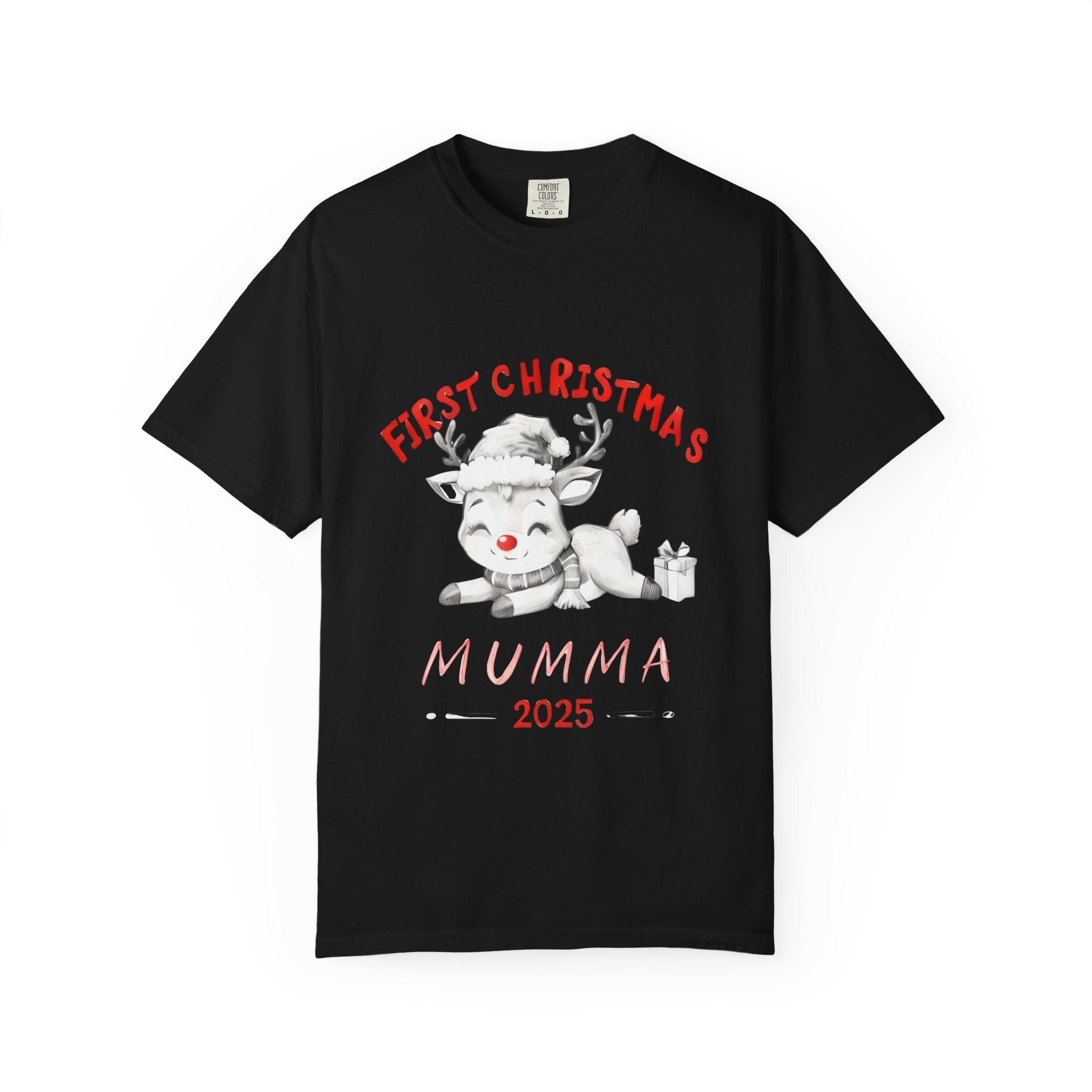 Black baby Christmas T-shirt with reindeer graphic and “MUMMA 2025” text