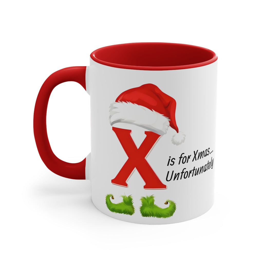 Christmas letter X mug, white with red inside and handle; red X, Santa hat, and green moustache.