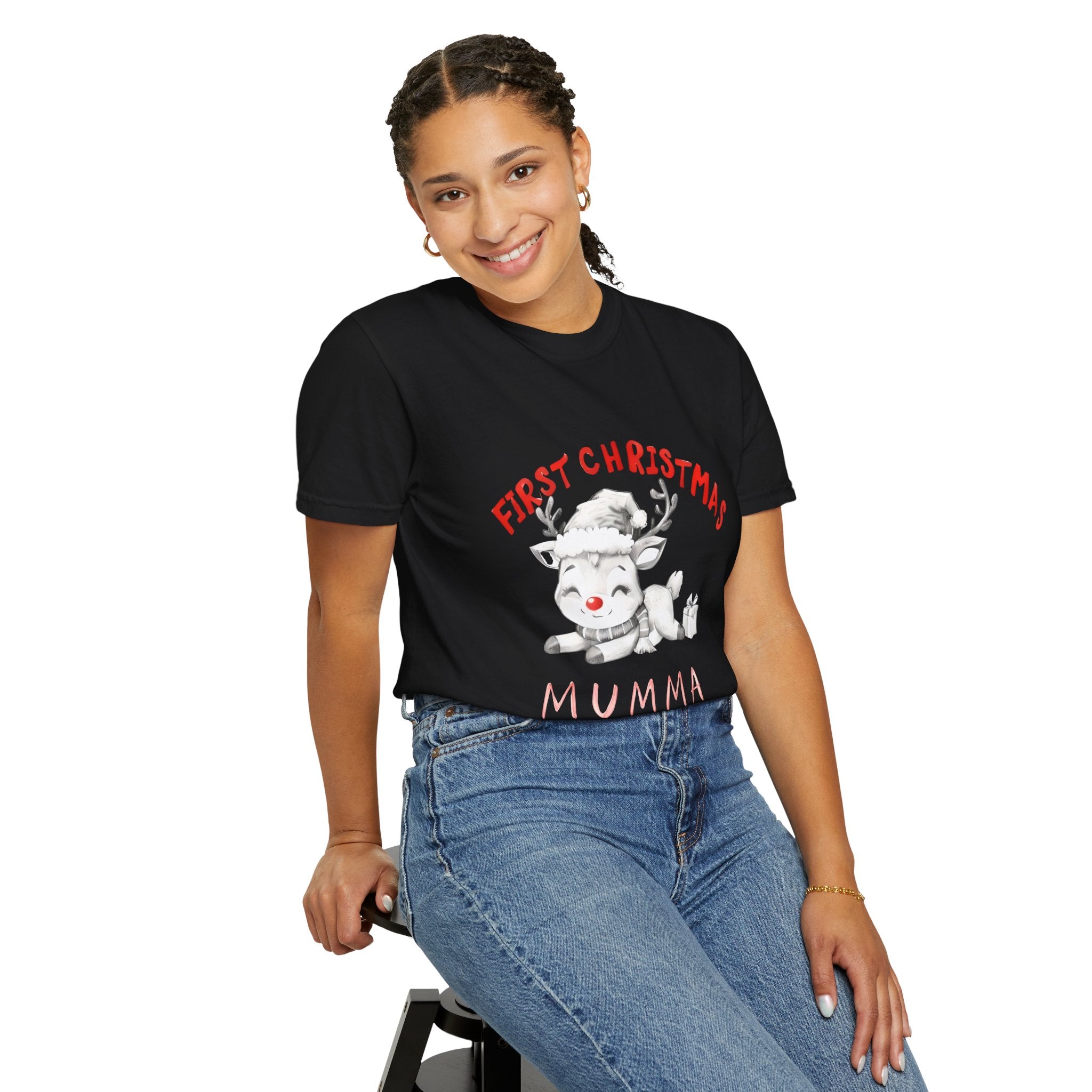 Black baby Christmas T-shirt with reindeer graphic and “MUMMA 2025” text
