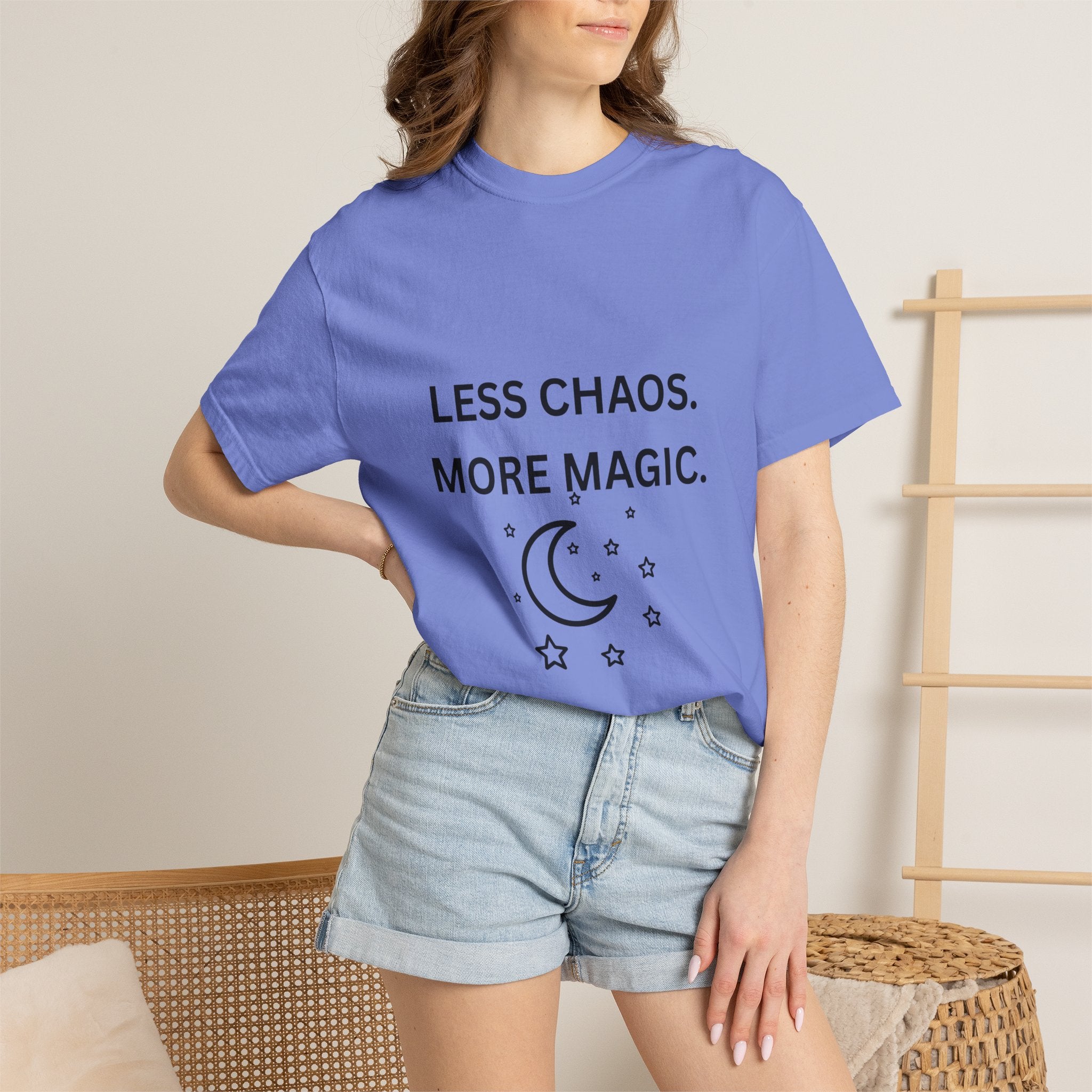 Less Chaos, More Magic T-Shirt — Crescent Moon + Stars Graphic Tee