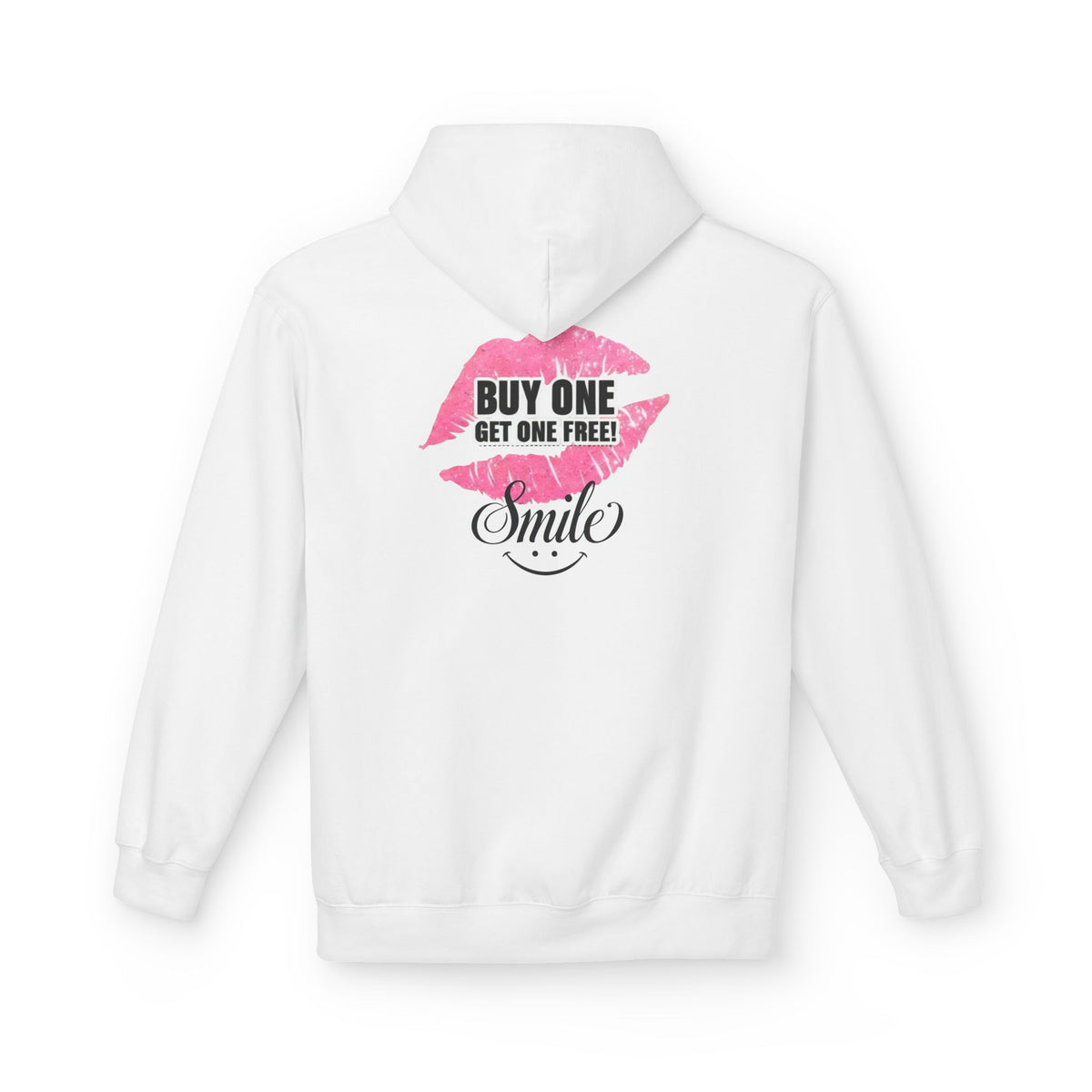 White hoodie with pink 'Buy One Get One Free' Smile front graphic print