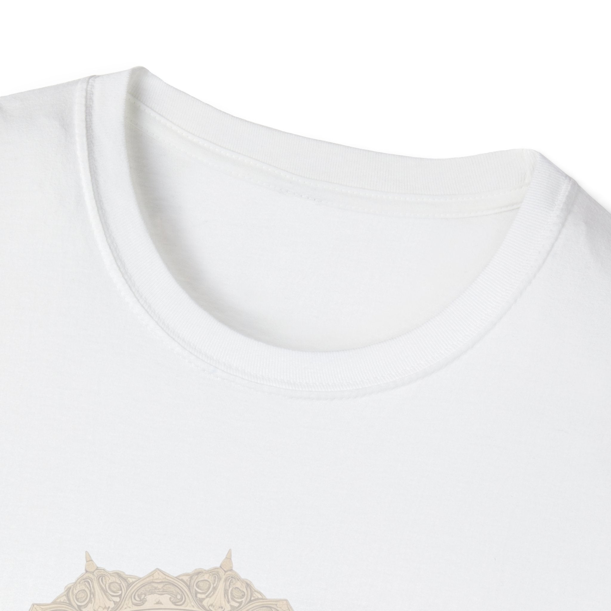 White crew-neck T-shirt close-up showing neckline and short sleeves