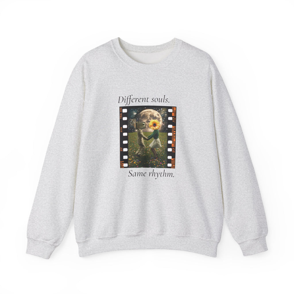 Light gray crewneck sweatshirt with centered film-strip graphic and text