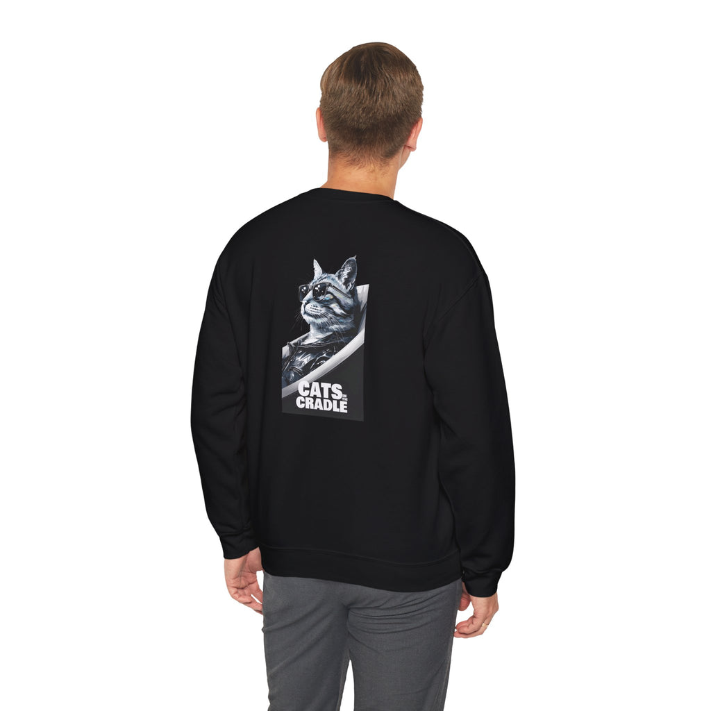 Black crewneck sweatshirt with cat graphic on back