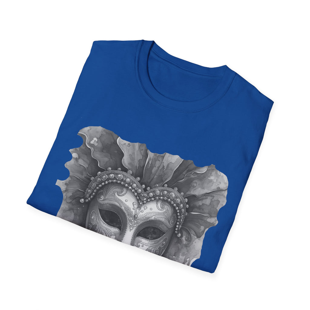 Royal blue t-shirt with watercolor mask face graphic on front