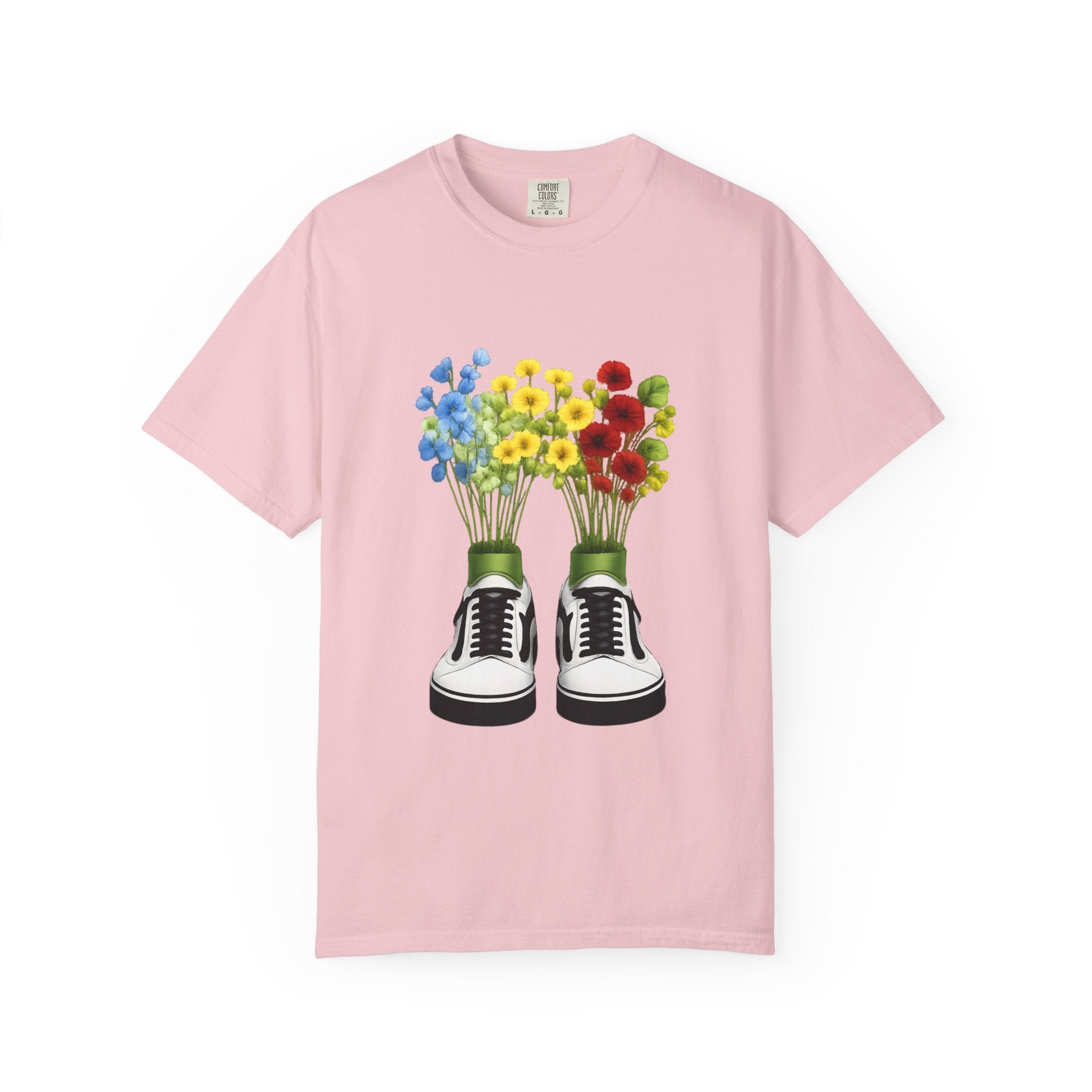 Pink crew-neck T-shirt with sneaker-and-flower bouquet graphic on the front