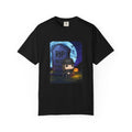 Black unisex T-shirt with “RIP” tombstone and small cartoon character graphic