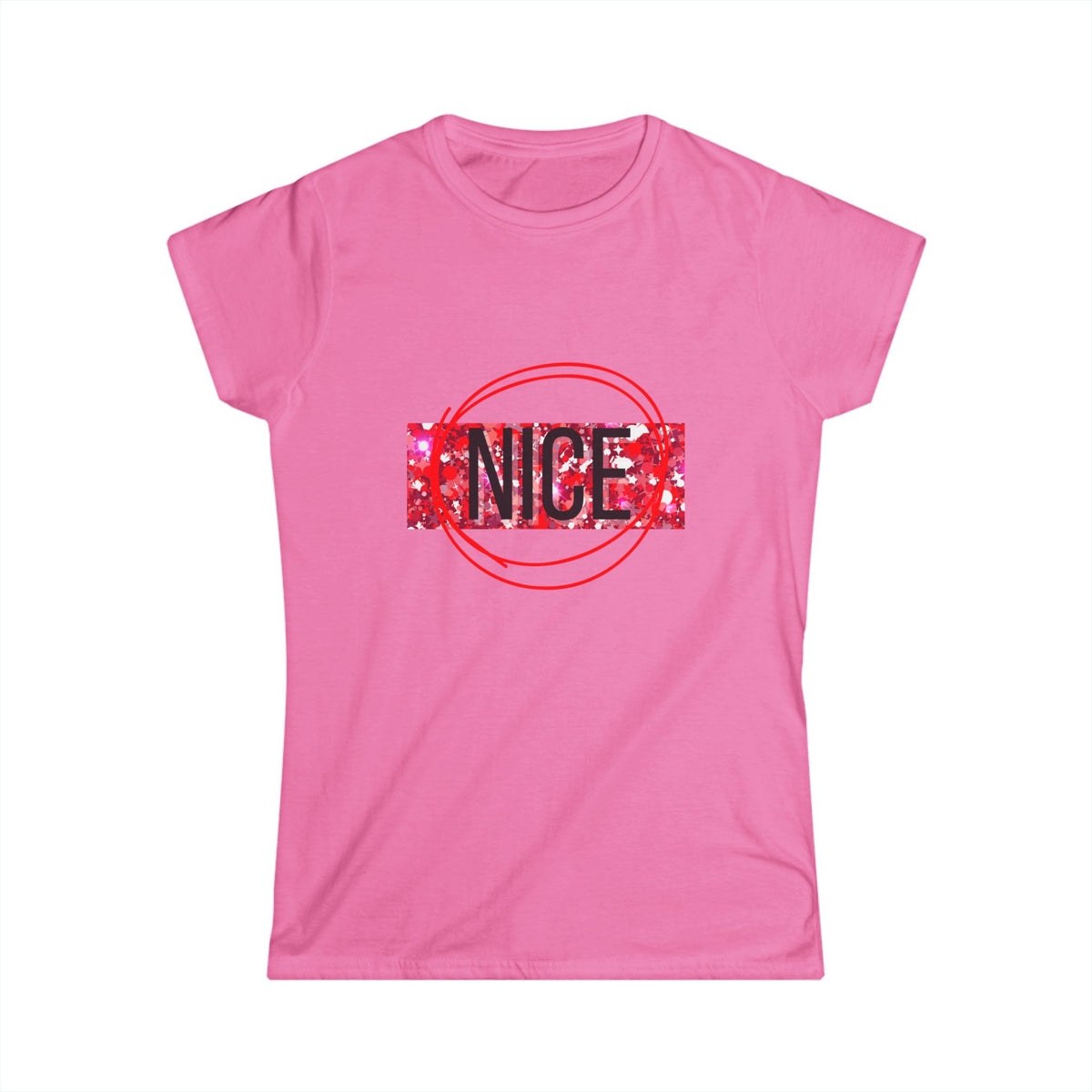 Women's graphic tee, pink with 'Nice' front logo