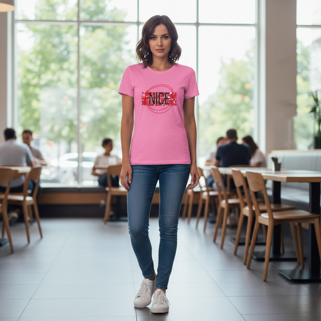Women's graphic tee, pink with 'Nice' front print